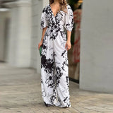 Toloer 2024 New Women's Ins Fashion Elegant Print Bat Sleeve Waist V Neck Women's