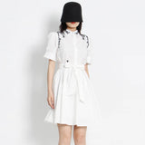 Casual Embroidery Dress For Women Lapel Short Sleeve High Waist Colorblock Loose Midi Dresses Female Clothing