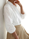 Embroidered Shirt Women's Seven Sleeves 2025 Summer New T-Shirt Commuting Temperament Solid Color Shirt