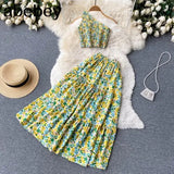 Summer Female Fashion Holiday Sets Floral Women Sexy Short Top+ A-line skirt Two Piece Set Beach Outifits Suits