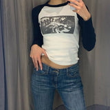 2024 Ins Internet Celebrity Personality Trend New Shoulder-To-Shoulder Abstract Long-Sleeved Head Printed T-Shirt Girl-Outfit