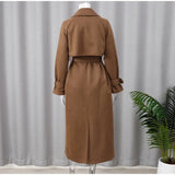 Brown Suede Long Belt Trench Coat-Outfit