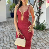 Red Knit Cut Out Strappy Hook Midi Dress-Outfit