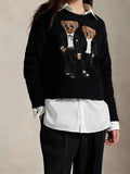 New Women's Bear Embroidered Retro Body Sweater College Style Knitted Shirt