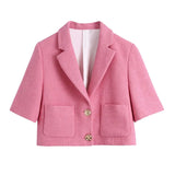 Solid Short Sleeve Tweed Jacket Coat With Pockets Spring Fashion Chic Crop Tops 2022 Women Uniform Outfit Ropa