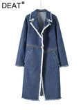 Women's Denim Trench Coat Patchwork Zipper Burrs Edge Long Sleeve Lapel Straight Windbreak 2024 Summer New Fashion 29L5181-Outfit