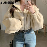IAMSURE Solid Zipper Lapel Short Coats Women Long Sleeves Oversize Jackets Streetwear Female Fleece Overcoats 2020 Winter