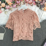 New Summer Temperament All-match stand collar flared sleeve Shirt hollow out Lace Waist slim short Shirt