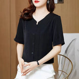 for Women Elegant 2023 Spring Summer Turn-down Collar Long Sleeve Solid Chiffon Button Shirt Casual Fashion Tops-Outfit