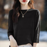 Toloer And Summer Thin Round Collar Jacquard Wool Knit T-Shirt Women's Seven Minute Sleeve Solid Color Bottom Sweater Middle Sleeve Cashmere Top-Outfit