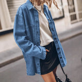 Women's Retro Long-Sleeved Denim Jacket Blue Big Pocket Casual Shirt