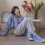 Women O Neck Stitching Stripes Keep Warm Casual Sweater Long Sleeve Loose Knitted Sweater 2022 Winter New Fashiong