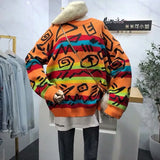 Retro Crazy Style Loose Pull Femme Graffiti Lover Rainbow Striped Knit Sweater O Neck Long Sleeve Patch
