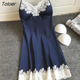 Women's Sexy Lingerie Summer Silk Night Gown Lace Patchwork Mini Night Dress Spaghetti Strap Sleepwear Ladies NO Chest