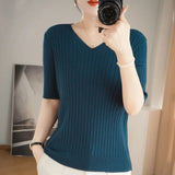 Toloer The Summer Of 2024, Women's Knit Short Sleeve Korean V-Neck Solid Color T-Shirt And A Pit Top-Outfit