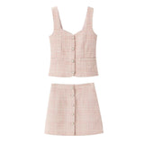 Tweed Pearl Button Sleeveless Tank Top And Mini Skirt Set-Outfit