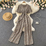 Beach Rompers Female Short Sleeve V Neck Elastic Ruched Loose Casual Bohemian Print Jumpsuits Summer