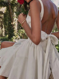 Women's Spaghetti Straps Backless Mini Dress Sexy Sleeveless Slim Halter Lace-up Bowknot Dresses Midnight Party Vestidos-Outfit