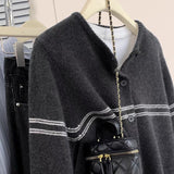 Toloer Striped Wool Knitted Cardigan Women's Autumn Coat 2025 New Spliced Sweater Jacket Bottom Shirt