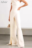 Patchwork Jumpsuits For Women Diagonal Collar Off One Shoulder High Waist Tunic Wide Leg Pants Solid Jummpsuit