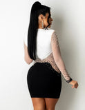 Winter Sexy Black and White Contrast Beaded V-neck Long Sleeve Bodycon Club