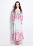 Holiday Style Dress 2025 New One-Word Shoulder Strap With Waist Lantern Sleeve Print Chiffon Long Dress