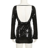 Black Sequin Openback Long Sleeve Mini Dress-Outfit
