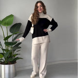Autumn New Fashion Splicing Color Blouse Loose Wide Leg Trousers Set