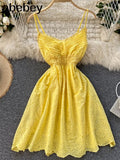 Summer New Sweet Strap Dress Hollow Out Embroidery Waving Backless Women Holiday Beach Dress Chic Fashion