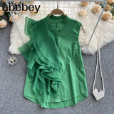 Women's Shirt French Vintage Ruffles Blouse Sexy Elegant Pleated O-neck Summer Female Sleeveless Slim Tops White