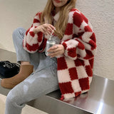 Women Faux Fur Teddy Basic Jackets Plaid Checkerboard Outerwear Coats Female Overcoat Winter Coat Womens Fashion
