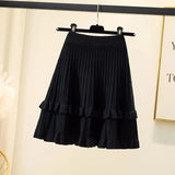 Knit Solid Elastic High Waist Ruffles Pleated Midi Skirt-Outfit