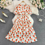 Summer Korean Version Of Gentle Temperament V-Collar Bubble Sleeves Waist A Large Pendulum Broken Flower Dress Elegant Dress-Outfit
