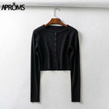 Aproms Candy Color Ribbed Knitted Cardigan Women Autumn Winter Long Sleeve Basic Cropped Sweaters Female Casual Short Jumper