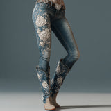 Women's Jeans Women's Trousers Color Flowers 3D Three-Dimensional Printed