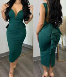 Toloer Temperament Elegant Solid Color Wrap Hip Dew Back Deep V High Waist Bow Stretch Slit
