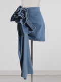 Toloer 2024 Mid-Waist Stereo Rose Piece Decorative Hip Denim Skirt-Outfit
