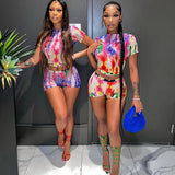 Summer Printed T-Shirt Blouse, Women's Wear, New Fashion Leisure Street Net Shorts Set-Outfit