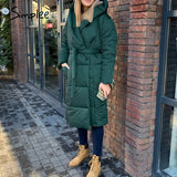 Simplee Fashion autumn winter warm coat women Casual Hooded with belt long coat parkas female High street pocket loose coat