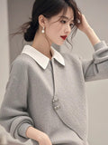 Toloer Gray Fake Two Knitted Sweater Women's Autumn And Winter Korean Atmosphere Relaxed Leisure Polo Collar