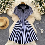 Toloer Niche Retro Color Lapel Short Sleeve Striped Dress Female Waist Show Thin Temperament A-Word Knit