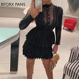 Neck Sheer Mesh Insert Ruffles Buttoned Dress-Outfit