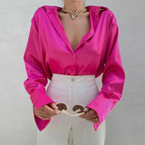 Vintage Korean Silk Shirts Satin Long Sleeve Blouses Women Blue Green Casual Loose Button Up Female Shirts Women Tops