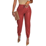 Women PU Leather Autumn Fashion Elegant Office Casual Loose Harem Leather Pants Elastic High Waist Female Long Trousers-Outfit
