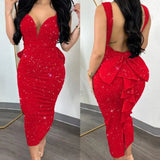 Toloer Temperament Elegant Solid Color Wrap Hip Dew Back Deep V High Waist Bow Stretch Slit