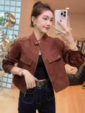 Retro Standing Collar Leather Velvet Early Autumn Coat Female Short Style Fashion Loose Casual Motorcycle Suit Small Jacket Jacket-Outfit