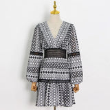 Floral Print Mini Dress For Women V Neck Lantern Long Sleeve High Waist Colorblock Dresses Summer Women's