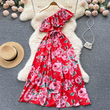 Irregular Ruffled Floral Print Dress Sashes Women Summer 2022 Vacation Slim Fashion Sexy Ladies A Line Long