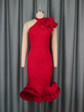 Half-High Collar Lotus Leaf-Side Dress Sided Shoulder Lotus Hem Banquet Evening Dress