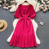 Summer White/Green/Pink New Lace Embroidery Dress Women Puff Sleeve Dresses Female Vintage Party Beach Maxi Long